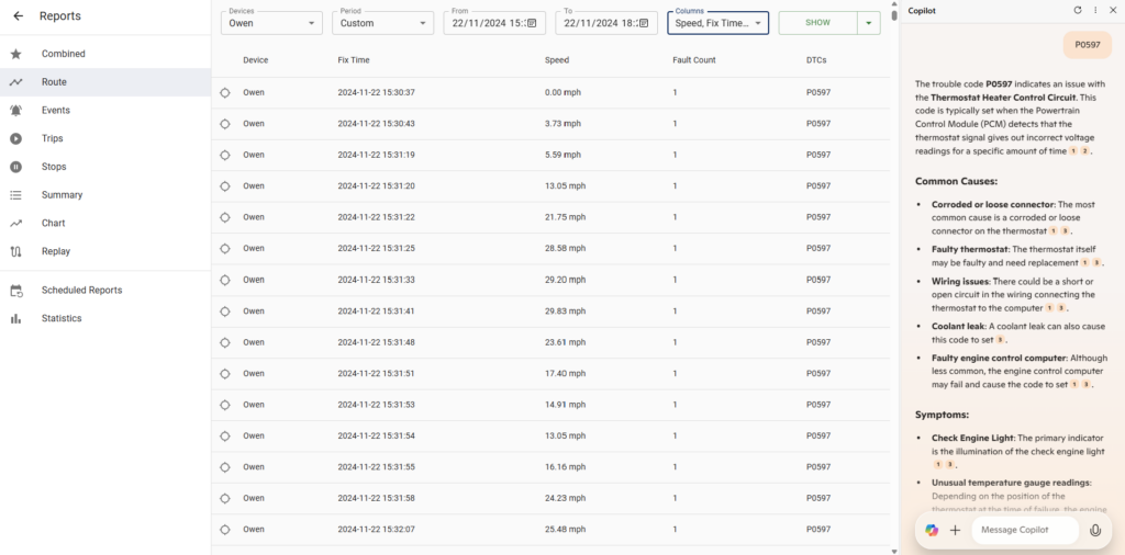 fault codes for cars with Complexus tracking devices